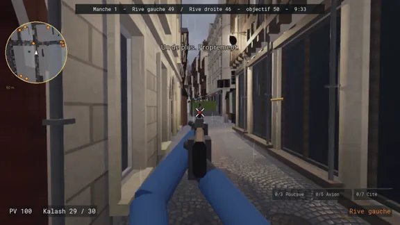 Capture du jeu à la première personne : ruelle étroite, score de 49 à 46 pour un objectif de 50, un adversaire touché au loin.
