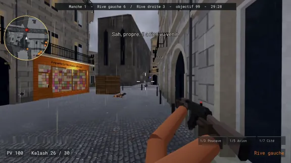 Capture du jeu à la première personne : un joueur de la Rive gauche avance arme en main dans une rue commerçante, interface de partie affichée.