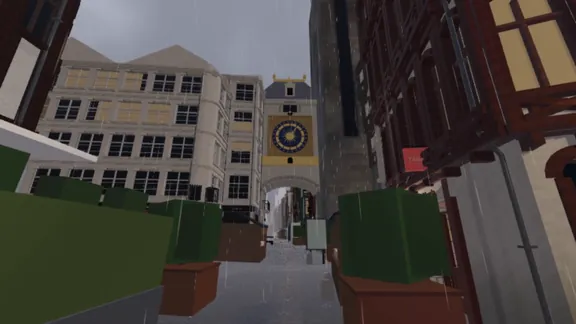 Capture du jeu : rue pavée qui mène à l'arche du Gros-Horloge, sous la pluie.