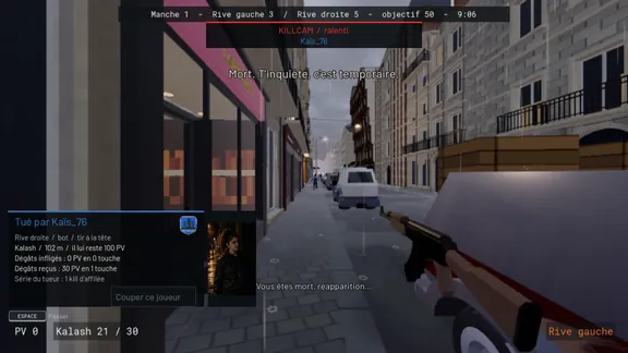 Capture du jeu : l'élimination rejouée au ralenti du point de vue de l'adversaire, avec le détail du tir.