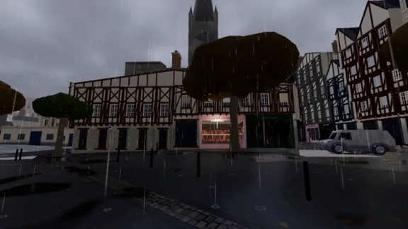 Capture du jeu : place pavée sous la pluie, maisons à colombages et flèche gothique au fond.